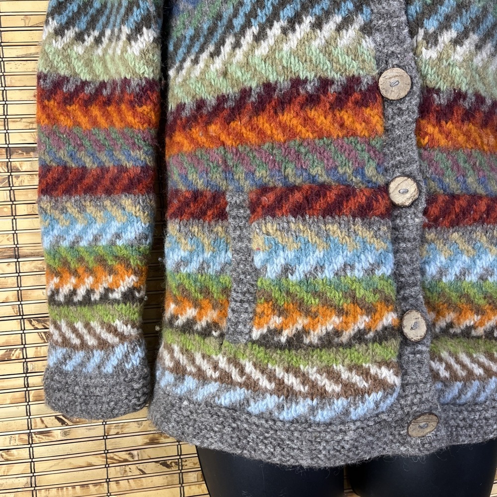 Pachamama Handmade Cardigan Womens S 100% Wool Chevron Chunky Knit Rustic Nordic - Picture 3 of 9